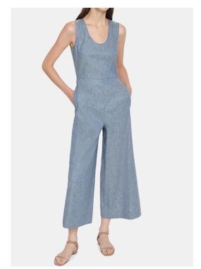 New! THEORY Seamed Wide Leg Jumpsuit in Linen Denim